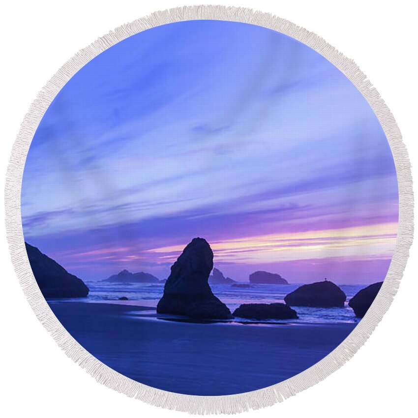 Nature Round Beach Towel featuring the photograph Bandon Blue Hour by Steven Clark