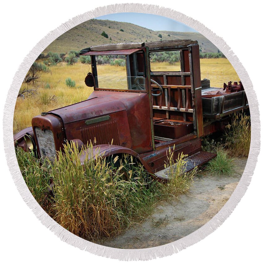 Bannack Round Beach Towel featuring the photograph Bannack Montana Old Truck by Veronica Batterson