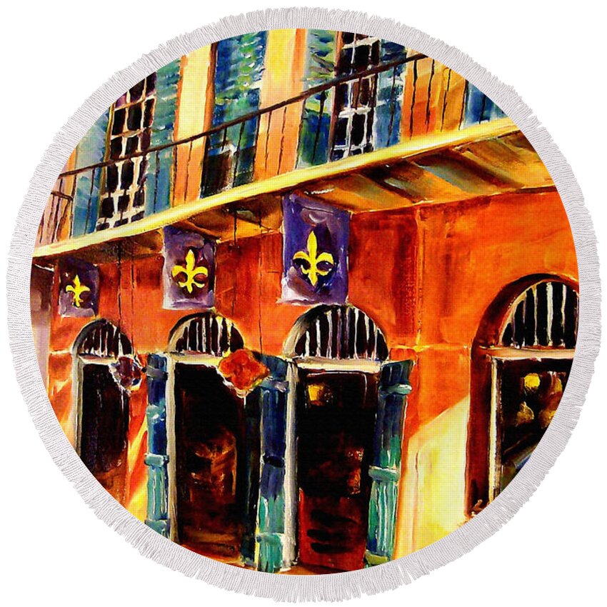 New Orleans Round Beach Towel featuring the painting Banners on Royal Street by Diane Millsap