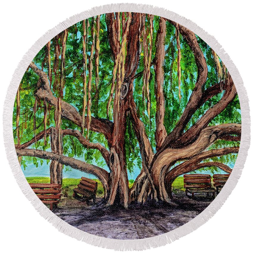 Banyan Tree Park Round Beach Towel featuring the painting Banyan Tree Park by Darice Machel McGuire