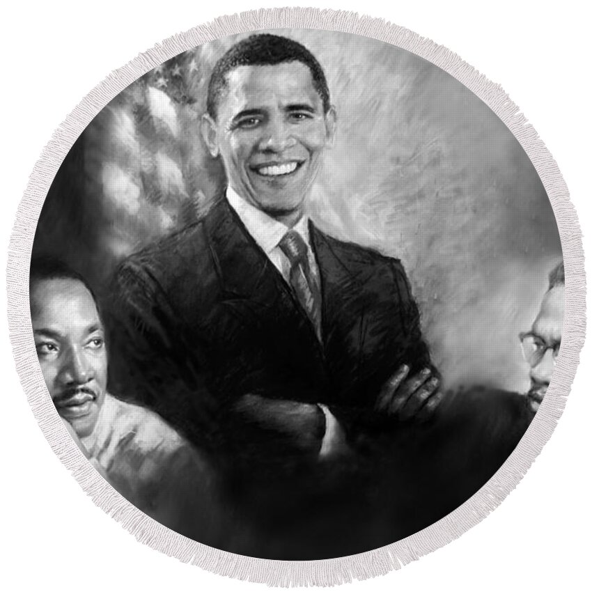 Barack Obama Round Beach Towel featuring the pastel Barack Obama Martin Luther King Jr and Malcolm X by Ylli Haruni