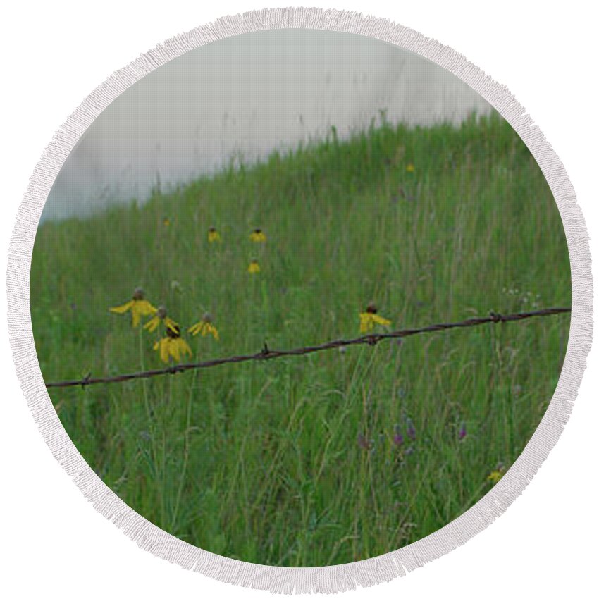 Barbwire Round Beach Towel featuring the photograph Barb Wire Prairie by Troy Stapek