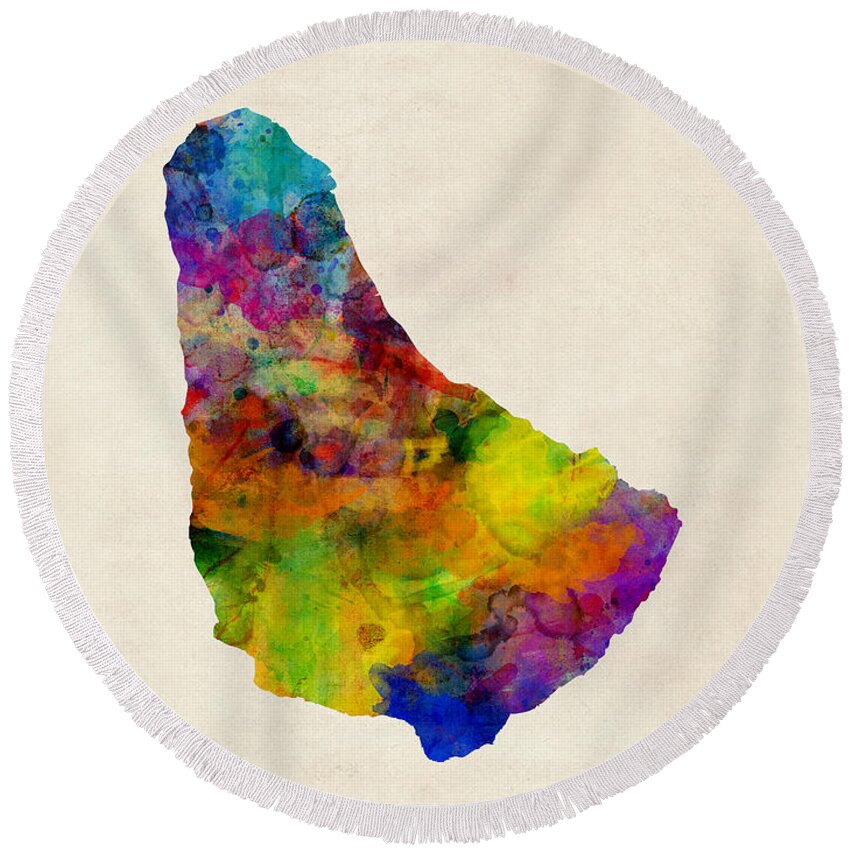 Map Art Round Beach Towel featuring the digital art Barbados Watercolor Map by Michael Tompsett