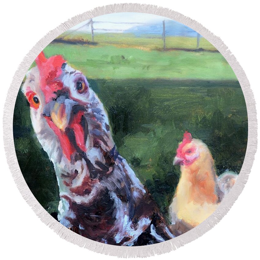 Rooster Round Beach Towel featuring the painting Barbara the Chicken by Donna Tuten