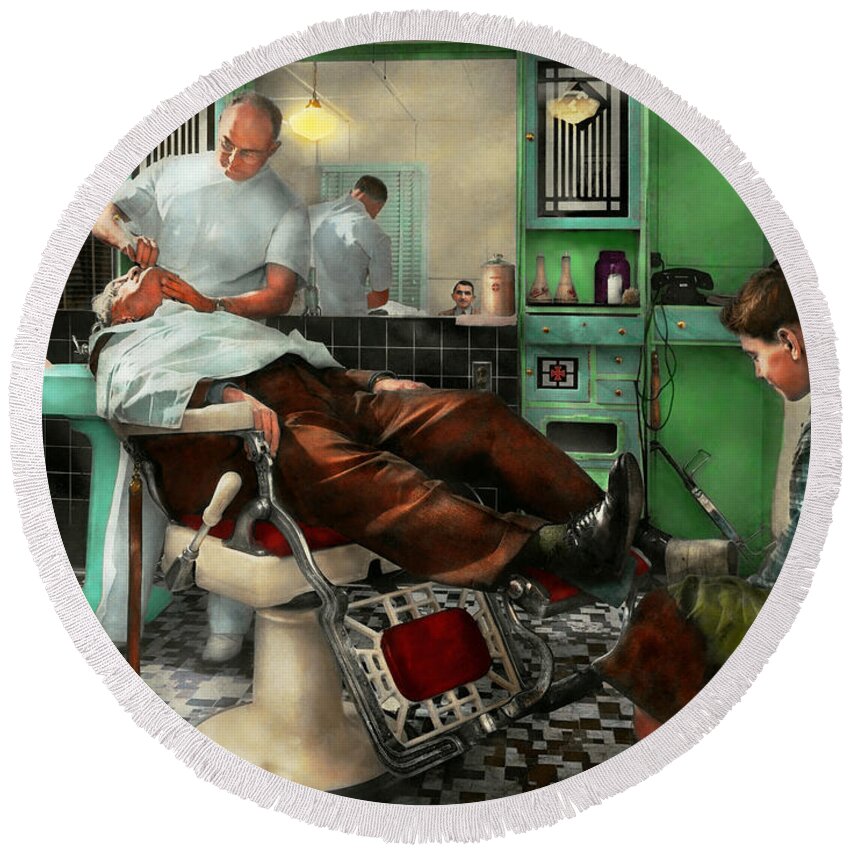 Barber Round Beach Towel featuring the photograph Barber - Shave - Pennepacker's barber shop 1942 by Mike Savad
