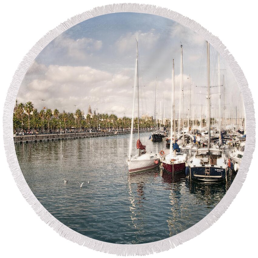 Barcelona Round Beach Towel featuring the photograph Barcelona Harbor by Steven Sparks