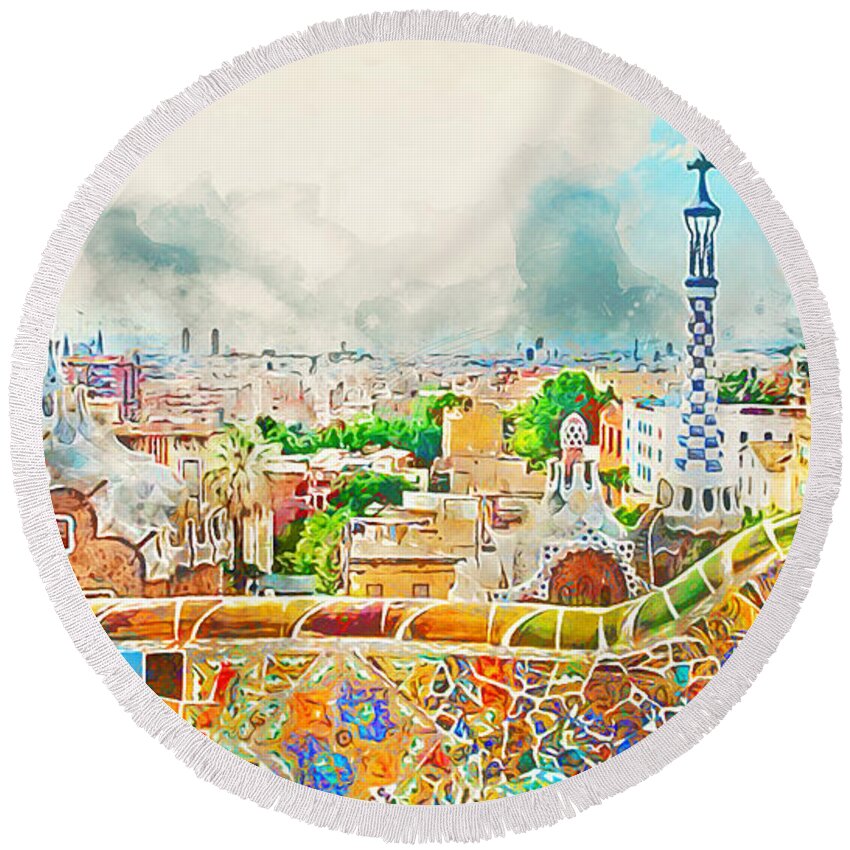 Barcelona Parc Guell Round Beach Towel featuring the painting Barcelona, Parc Guell - 04 by AM FineArtPrints