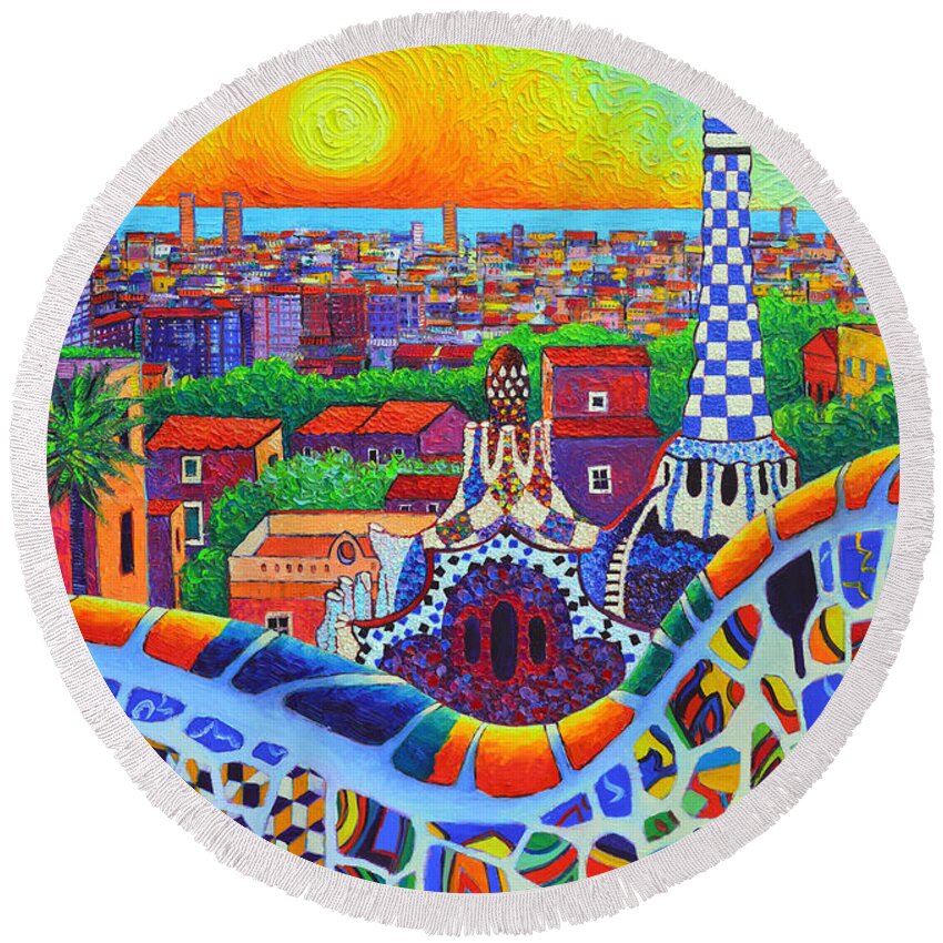 Barcelona Round Beach Towel featuring the painting Barcelona Park Guell Sunrise Gaudi Tower Textural Impasto Knife Oil Painting By Ana Maria Edulescu by Ana Maria Edulescu