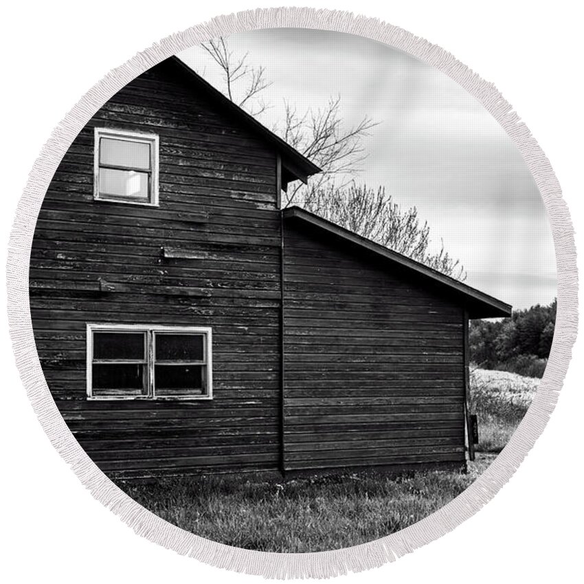Barn Round Beach Towel featuring the photograph Barn And Wildflowers In Black and White by Greg and Chrystal Mimbs