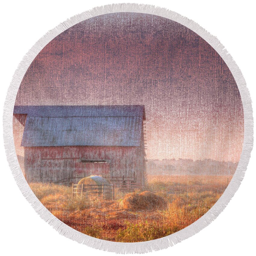 Driving Round Beach Towel featuring the photograph Barn in Early Light by Larry Braun