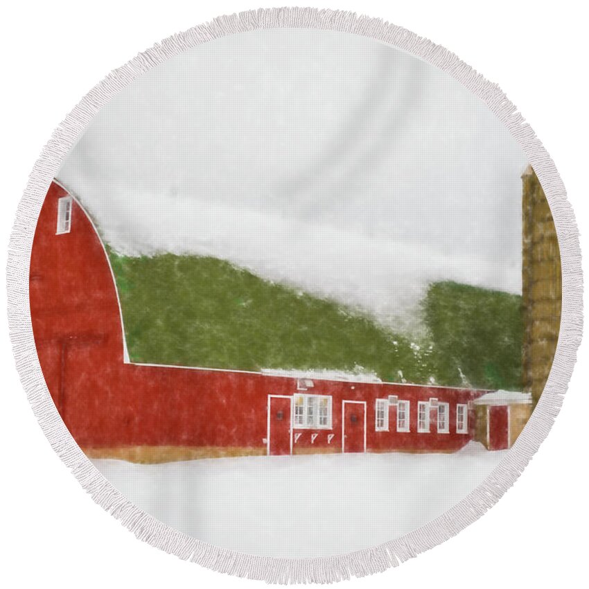 Barn Round Beach Towel featuring the photograph Barn in Winter by John Roach