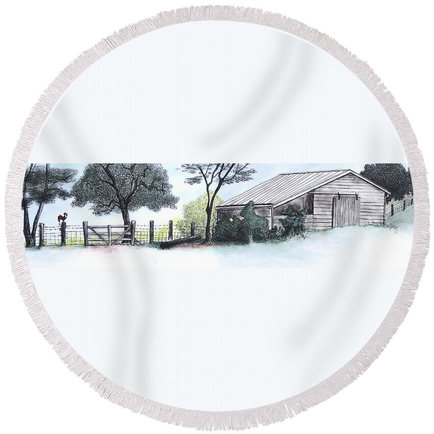 Rooster Round Beach Towel featuring the pastel Barn with Trees and the Rooster by Michele Fritz