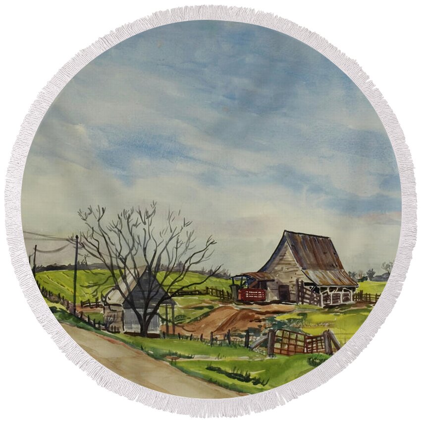 Barn Round Beach Towel featuring the painting Barns in Lamar County by Judith Young