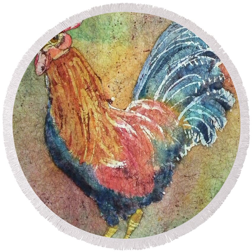 Animal Round Beach Towel featuring the painting Barnyard Rooster by Ann Nunziata