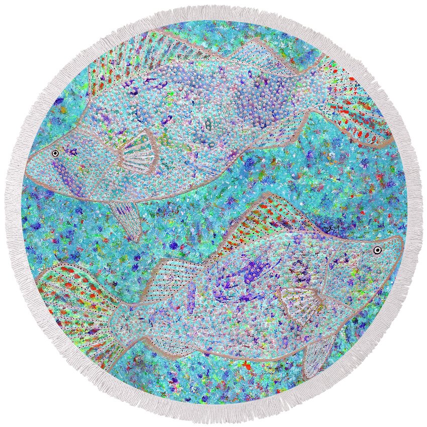 Acrylic Round Beach Towel featuring the painting Barramundi Cods by Cliff Madsen
