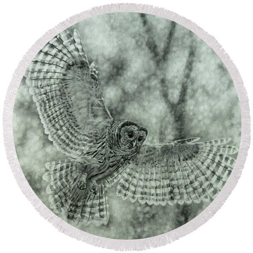 Owl Round Beach Towel featuring the drawing Barred Owl by Jennifer Watson