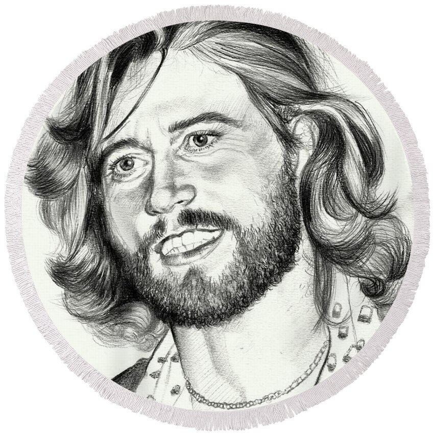 Barry Gibb Round Beach Towel featuring the painting Barry Gibb portrait by Suzann Sines