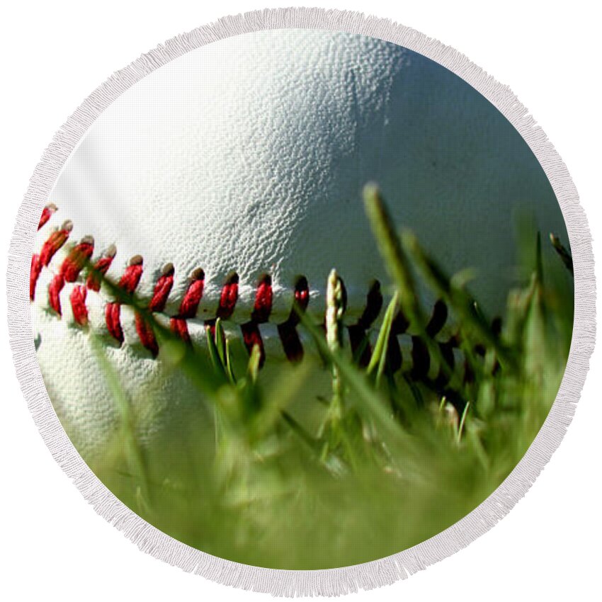 Baseball In Grass Round Beach Towel featuring the photograph Baseball in Grass by Chris Brannen