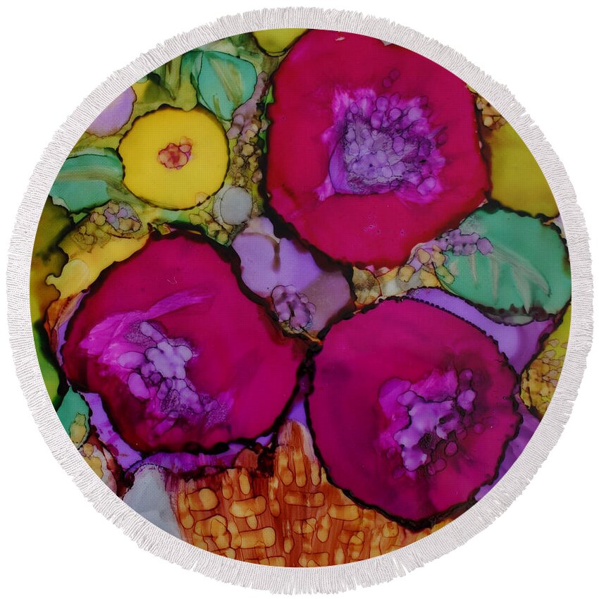 Floral Round Beach Towel featuring the painting Basket of Blooms by Jo Smoley