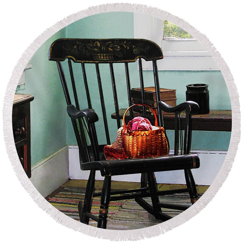 Rocking Chair Round Beach Towel featuring the photograph Basket of Yarn on Rocking Chair by Susan Savad
