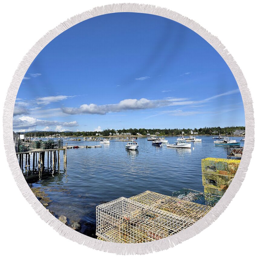 bass Harbor Round Beach Towel featuring the photograph Bass Harbor lobster traps - Maine by Brendan Reals
