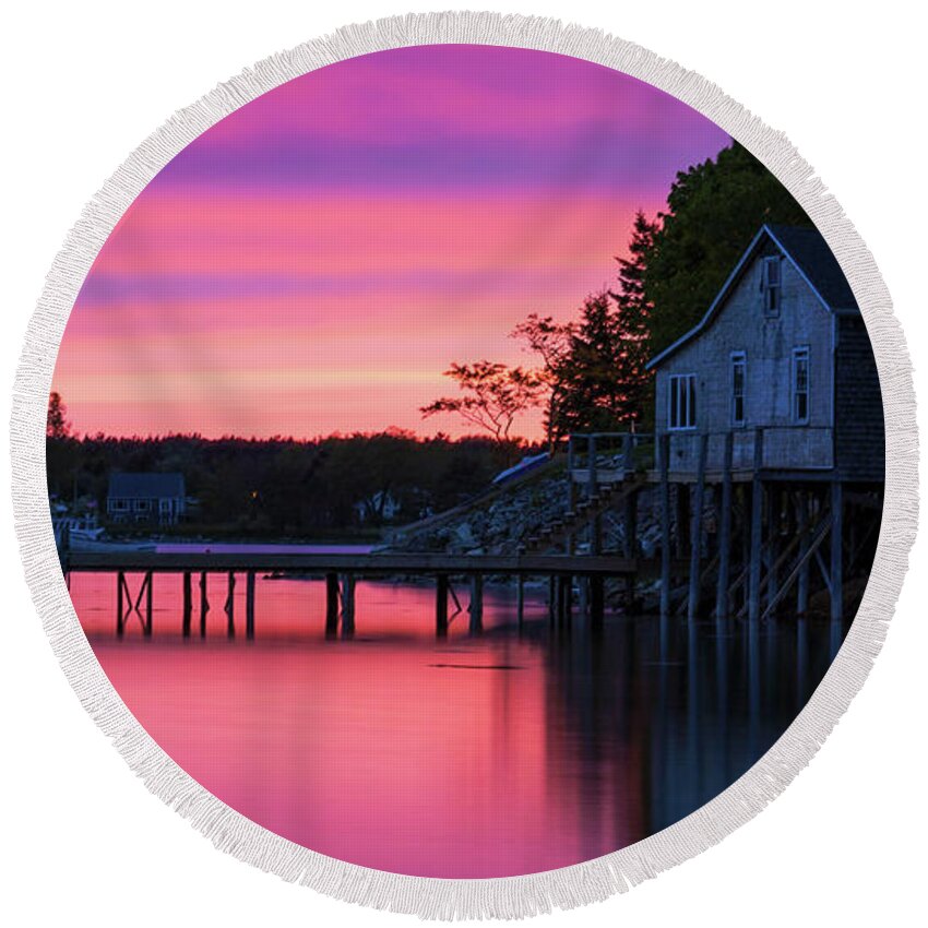 Bass Harbor Round Beach Towel featuring the photograph Bass Harbor Sunset by Holly Ross