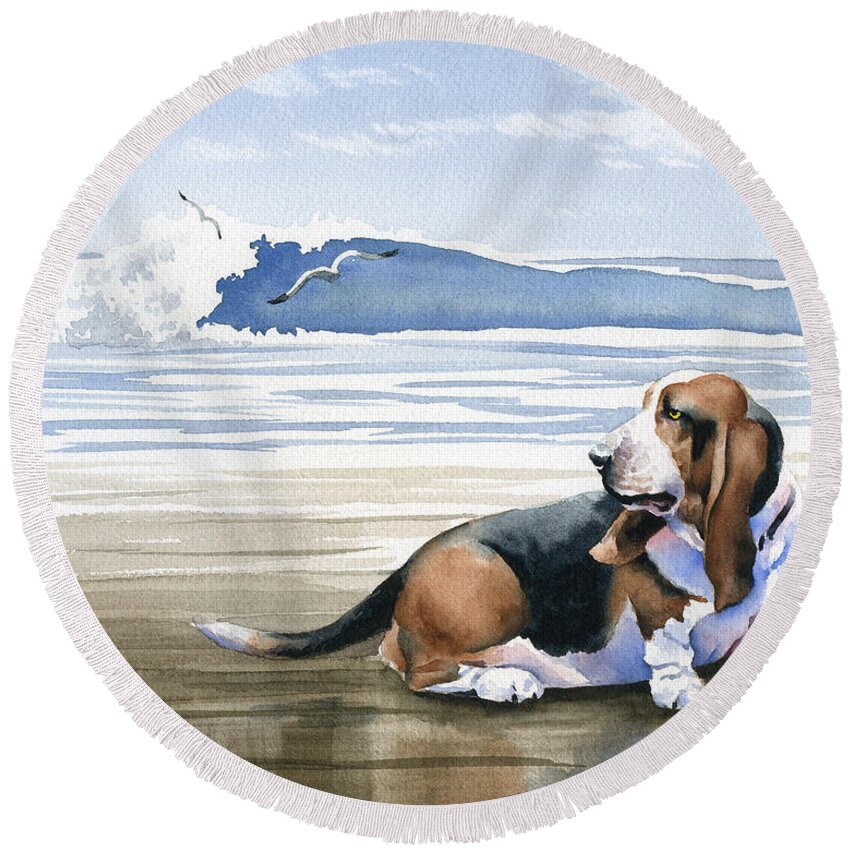 Basset Hound Round Beach Towel featuring the painting Basset Hound At The Beach by David Rogers