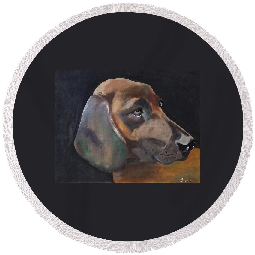 Basset Round Beach Towel featuring the painting Basset by Ryszard Ludynia