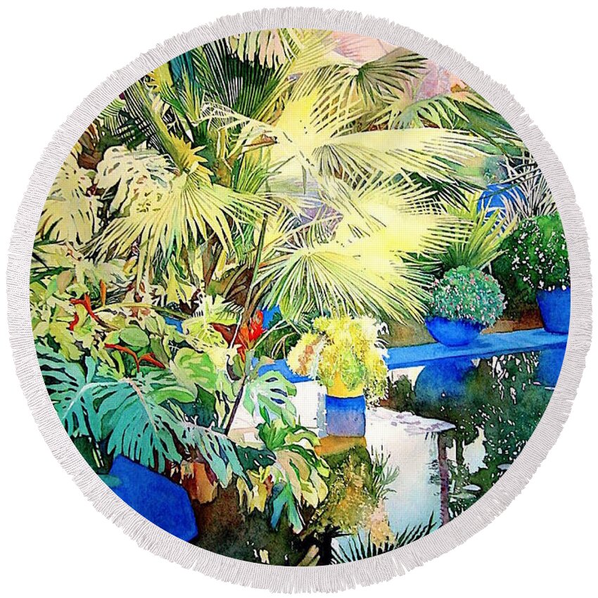  Exotic Round Beach Towel featuring the painting Bassin - Jardin Majorelle - Marrakech - Maroc by Francoise Chauray