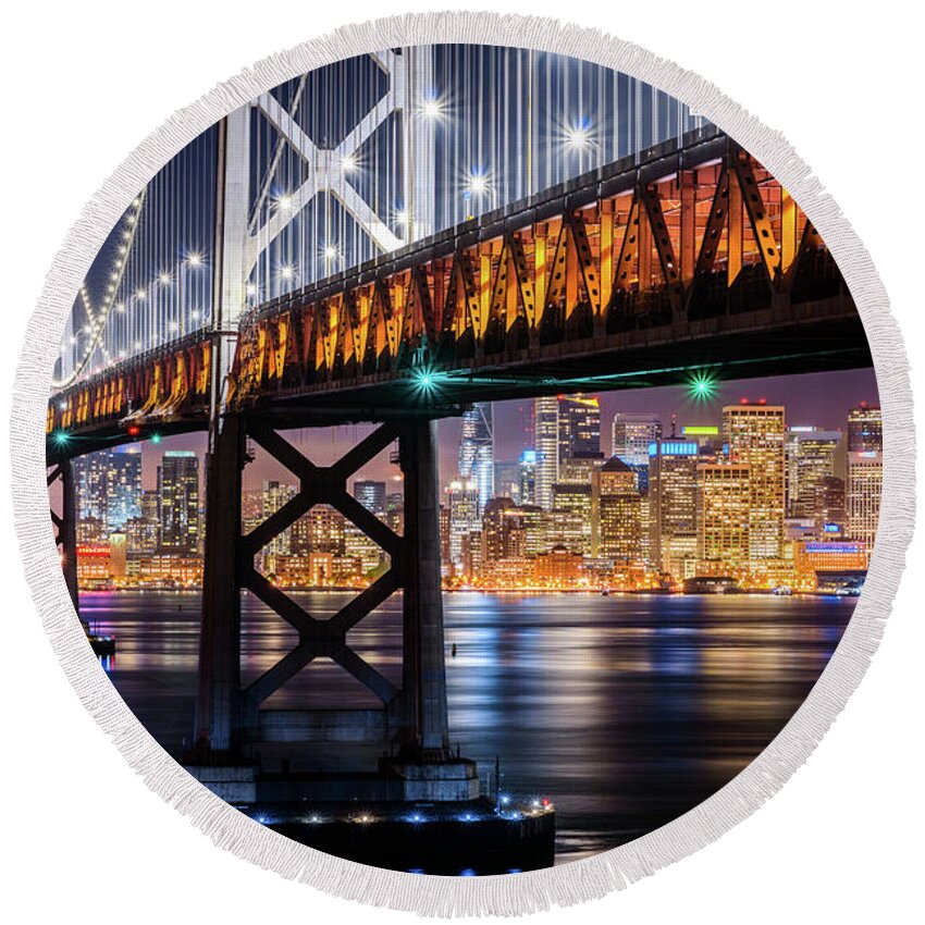 Bay Area Round Beach Towel featuring the photograph Bay Bridge and San Francisco By Night 11 by Jason Chu