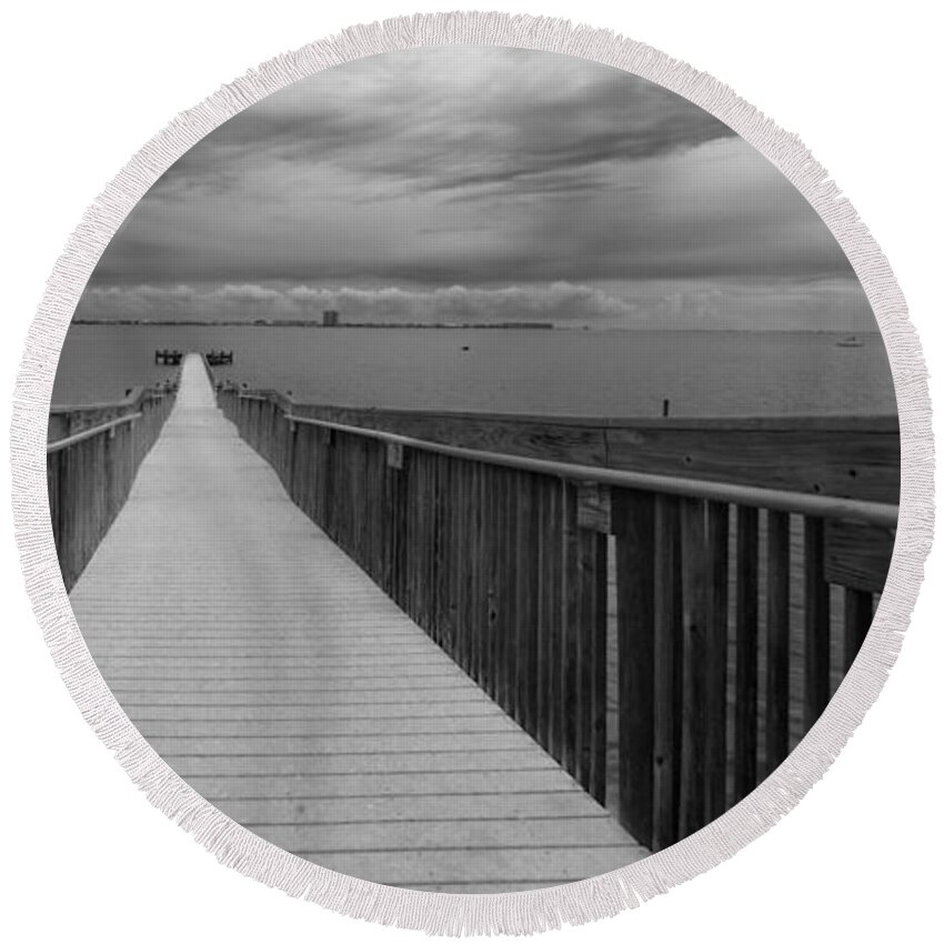Clouds Round Beach Towel featuring the photograph Bay Pier by Metaphor Photo