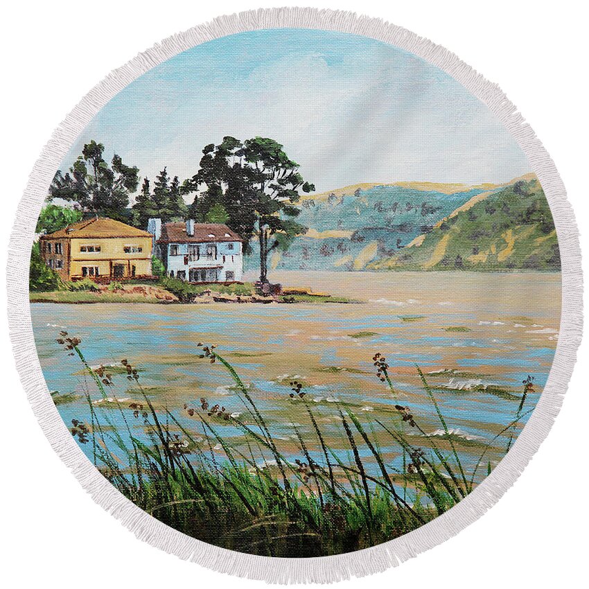 Buildings Round Beach Towel featuring the painting Bay Scenery with Houses by Masha Batkova