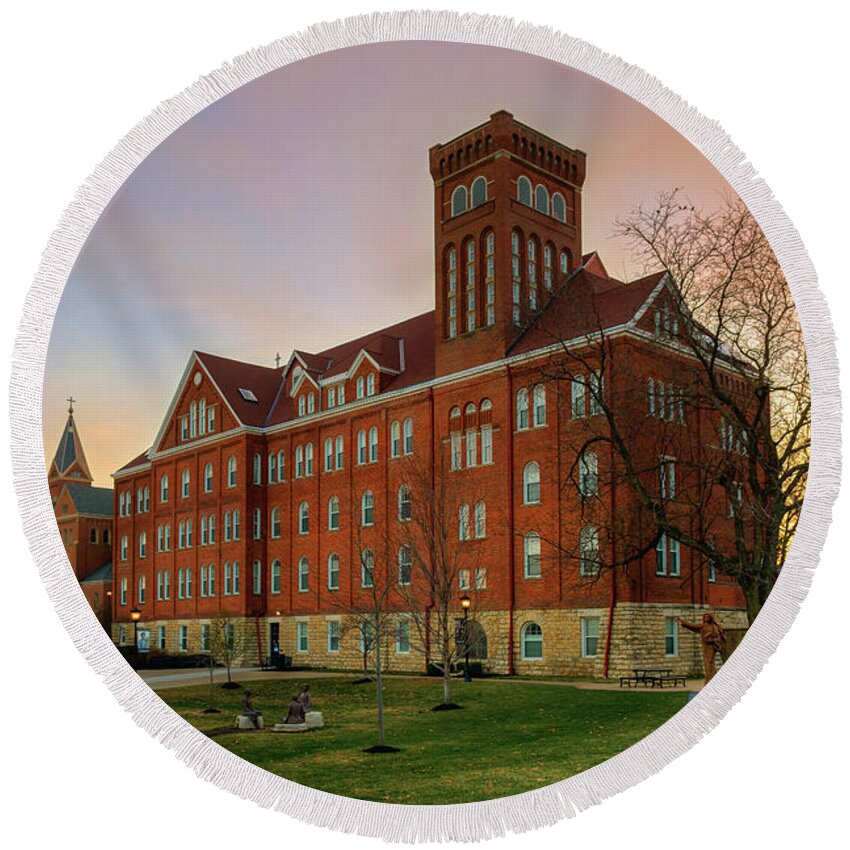 Benedictine Round Beach Towel featuring the photograph B.C. campus and Church by Mark McDaniel