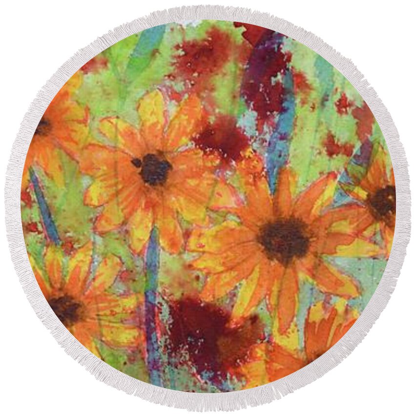  Round Beach Towel featuring the painting Be Brave Enough To Bloom by Barrie Stark
