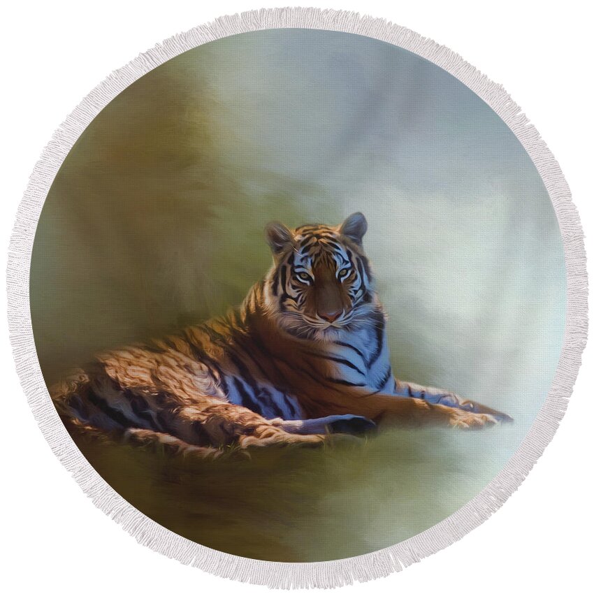 Be Calm In Your Heart Round Beach Towel featuring the painting Be Calm In Your Heart - Tiger Art by Jordan Blackstone