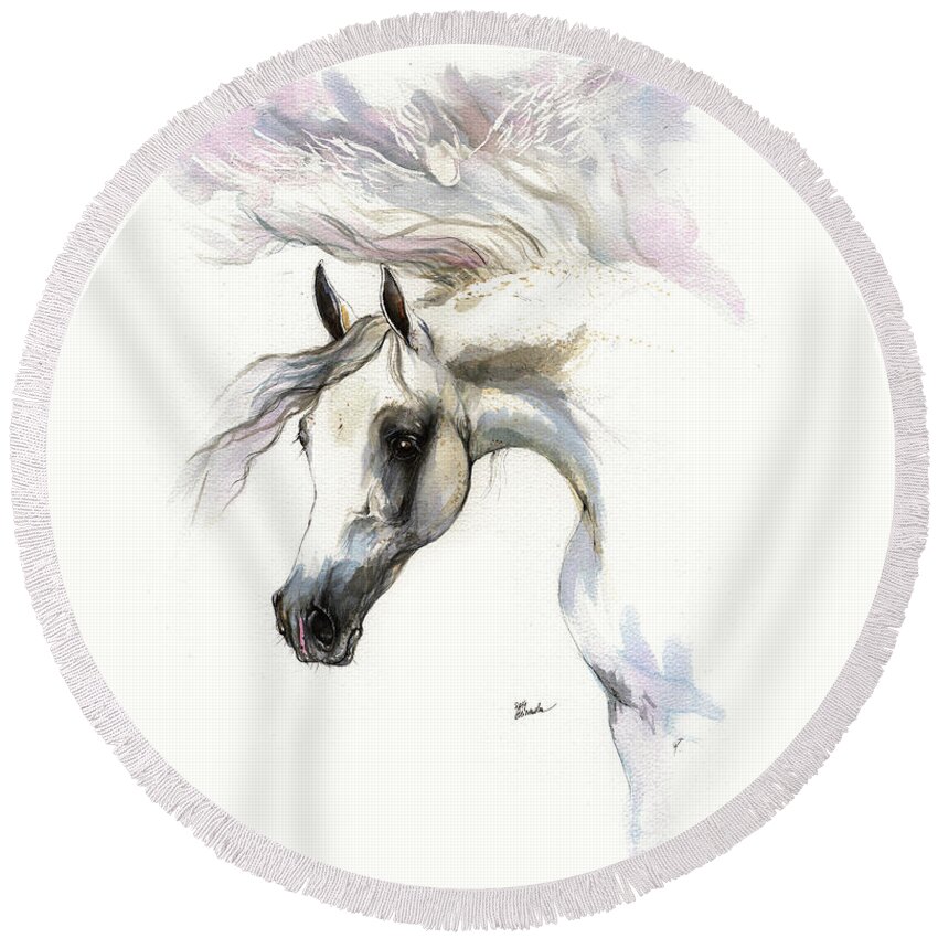Horse Round Beach Towel featuring the painting Be my guardian angel #1 by Ang El