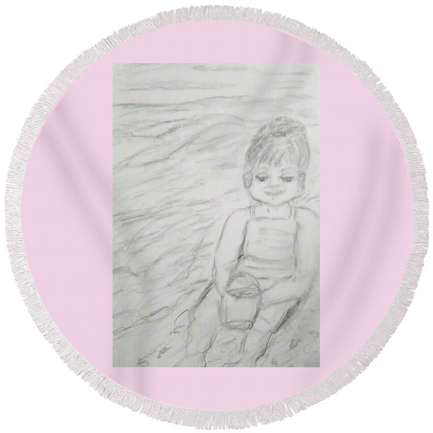 Children Round Beach Towel featuring the drawing  Beach Baby by Suzanne Berthier