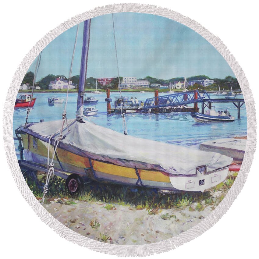 Coast Round Beach Towel featuring the painting Beach Boat under cover by Martin Davey