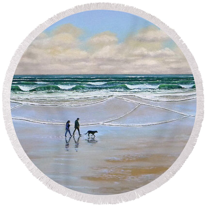 Beach Round Beach Towel featuring the painting Beach Dog Walk by Frank Wilson