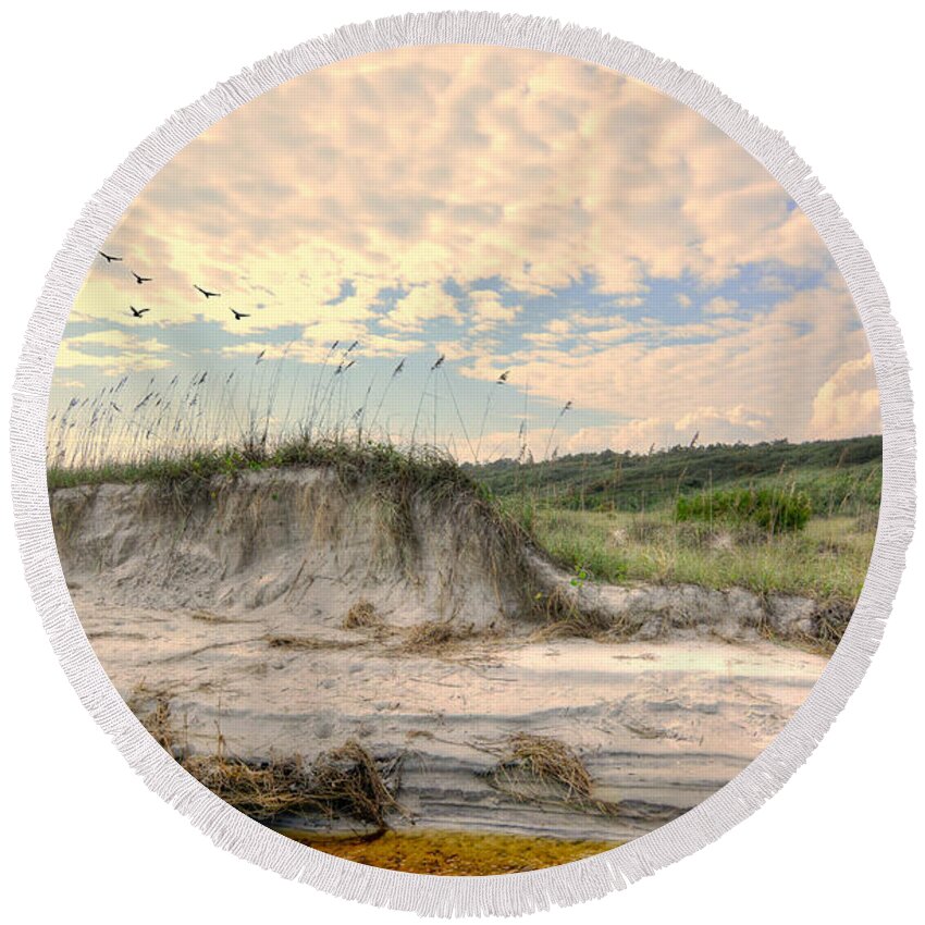Scenic Round Beach Towel featuring the photograph Beach Dunes And Gulls by Kathy Baccari