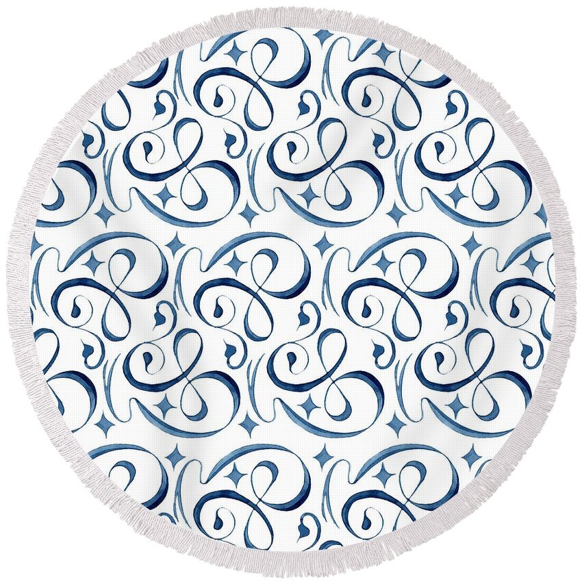 Indigo Blue Round Beach Towel featuring the painting Beach House Indigo Star Swirl Scroll Pattern by Audrey Jeanne Roberts