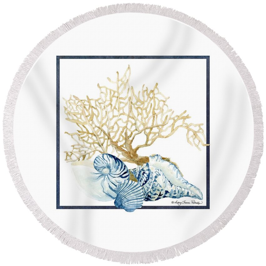 Sea Round Beach Towel featuring the painting Beach House Nautilus Scallop n Conch with Tan Fan Coral by Audrey Jeanne Roberts