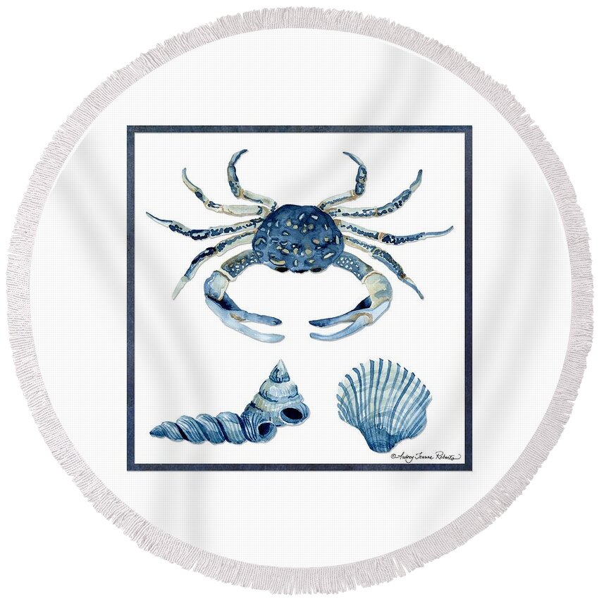 Sea Round Beach Towel featuring the painting Beach House Sea Life Crab Turban Shell n Scallop by Audrey Jeanne Roberts
