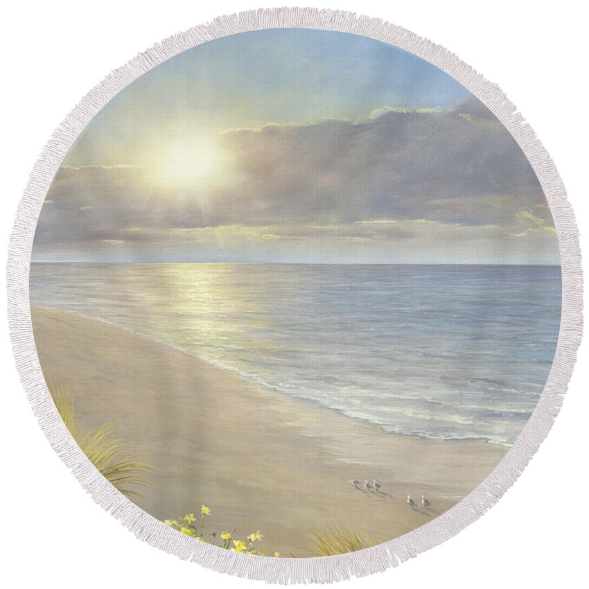 Sunlit Beach Round Beach Towel featuring the painting Beach Serenity by Diane Romanello