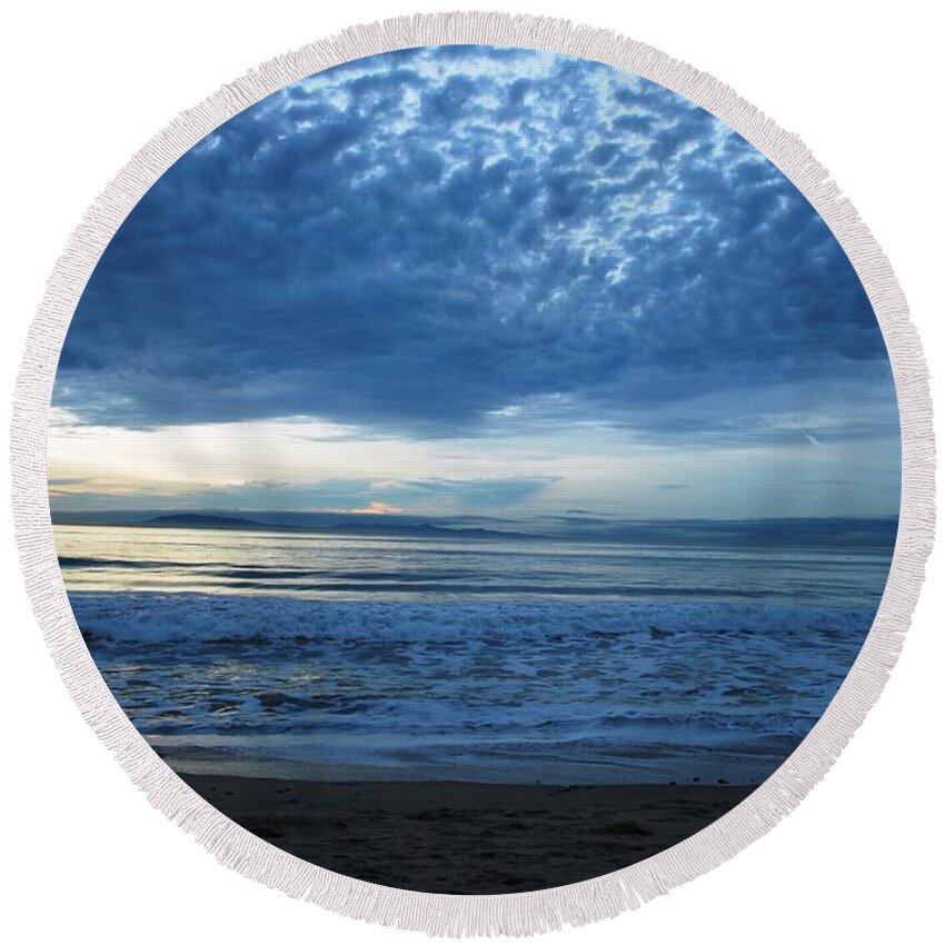 Tree Round Beach Towel featuring the photograph Beach Sunset - Blue Clouds by Matt Quest