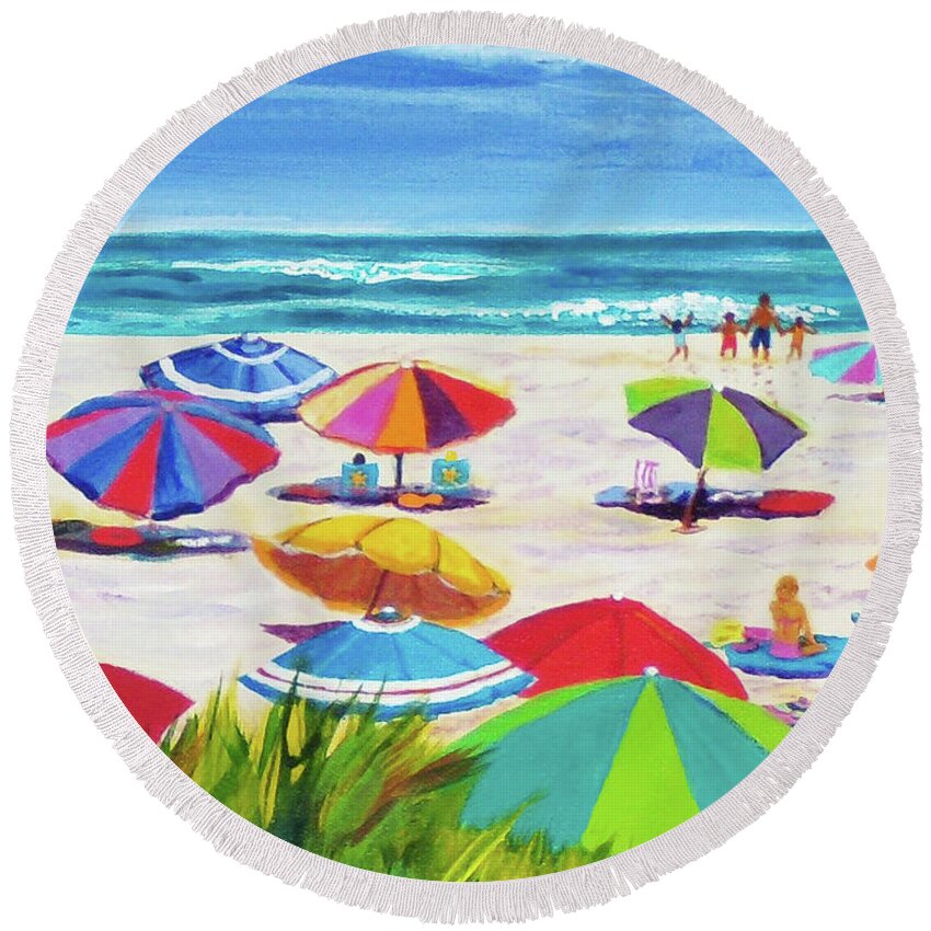 Beach Round Beach Towel featuring the painting Umbrellas 2 by Anne Marie Brown