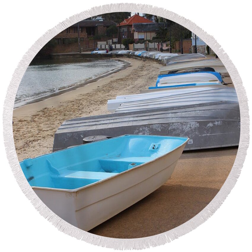 Boats Round Beach Towel featuring the photograph Beached Boats by Bev Conover
