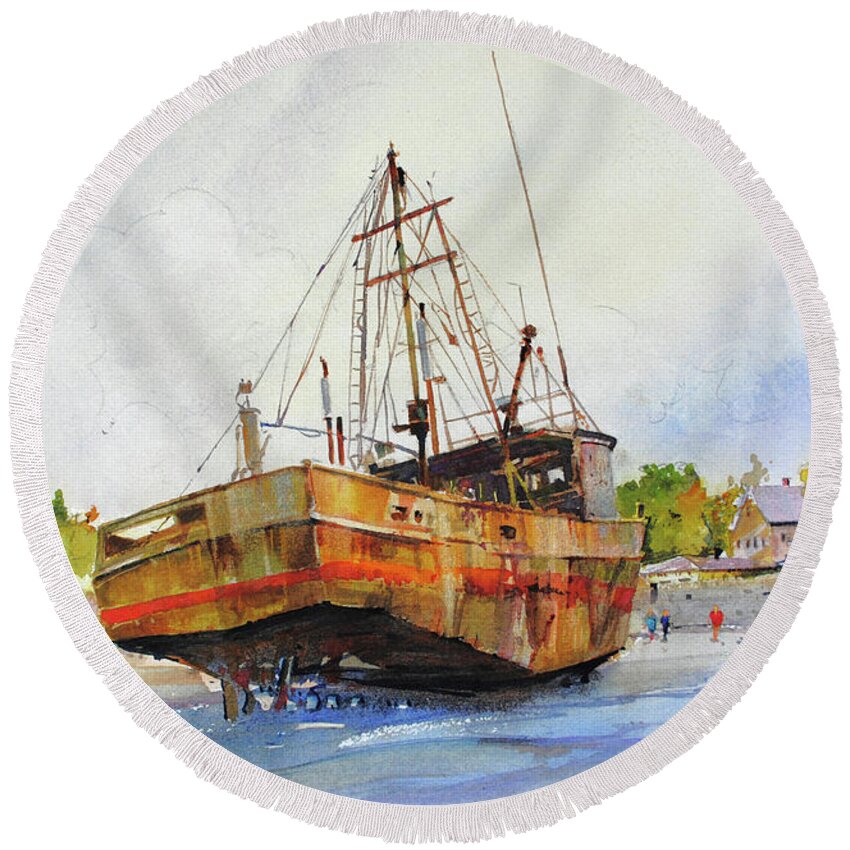 Old Rusted Boat Round Beach Towel featuring the painting Beached by P Anthony Visco