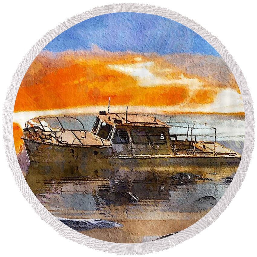 beached Wreck Round Beach Towel featuring the painting Beached Wreck by Mark Taylor