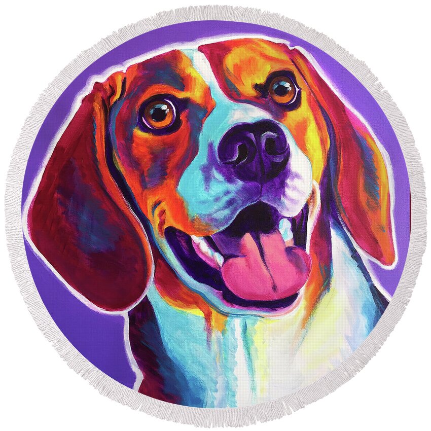Beagle Round Beach Towel featuring the painting Beagle - Luca by Dawg Painter